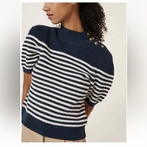 Anthropologie Maeve Puff-Sleeved Sweater Tee Nautical Stripe| Navy White | SZ 3X